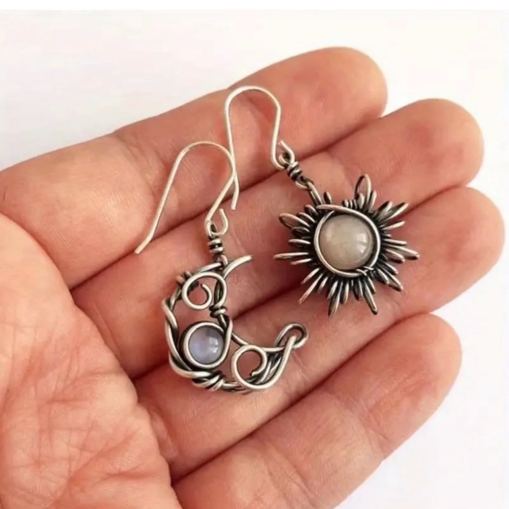 New - Bohemian Sun & Moon Vintage Style Moonstone Earrings